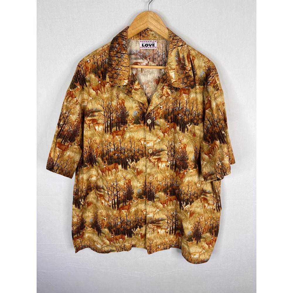 Hunting Mens Deer Forest Print Short Sleeve Button Down Camp Shirt XL